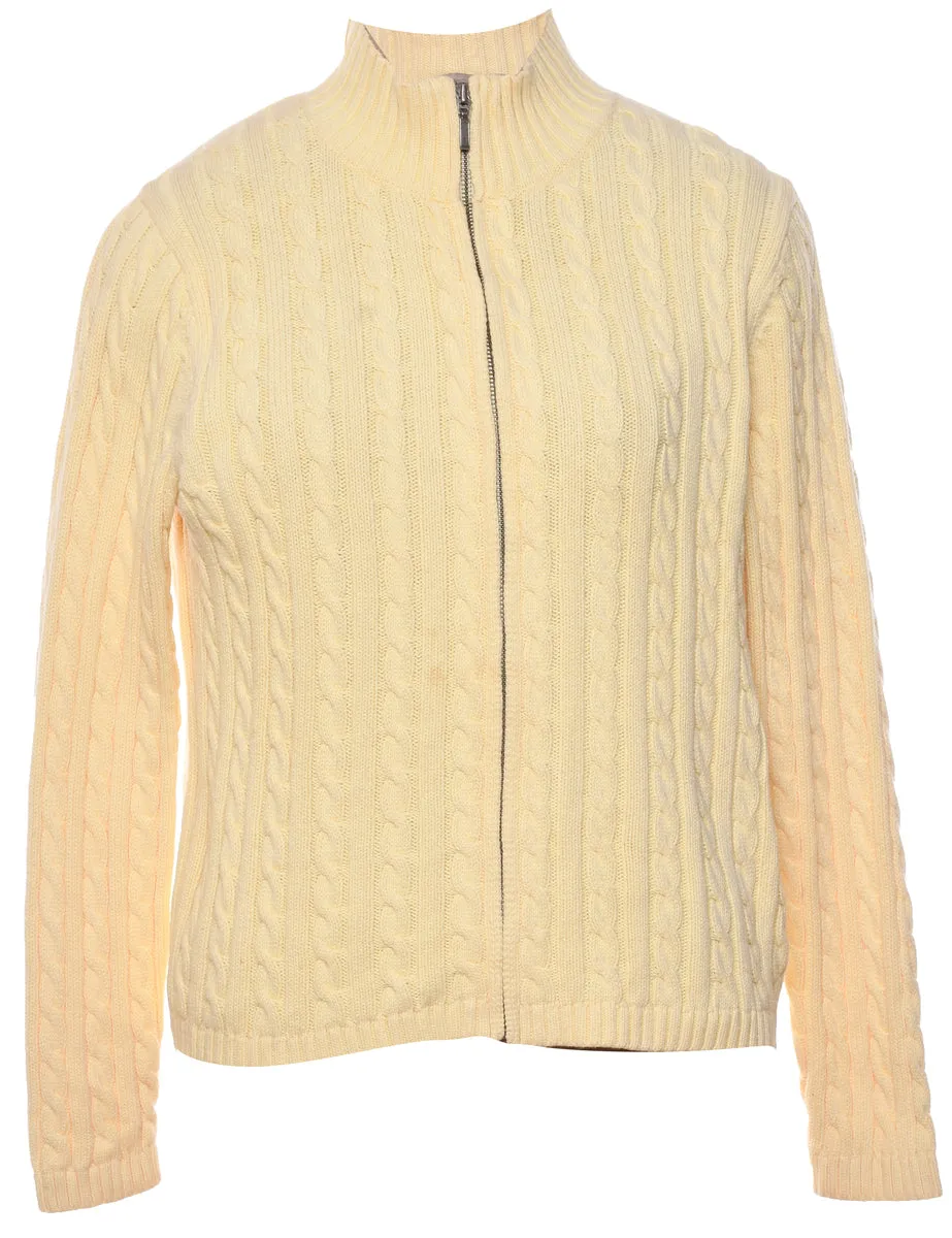 L.L. Bean Pale Yellow Zip-Front Cable Knit Cardigan - M