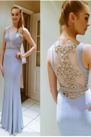 Mermaid Lavender Long Close Back Beading V-neck Prom Dresses PFP1150