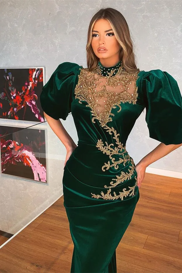 Modern Dark Green Bubble Sleeves Mermaid Prom Dress With Appliques