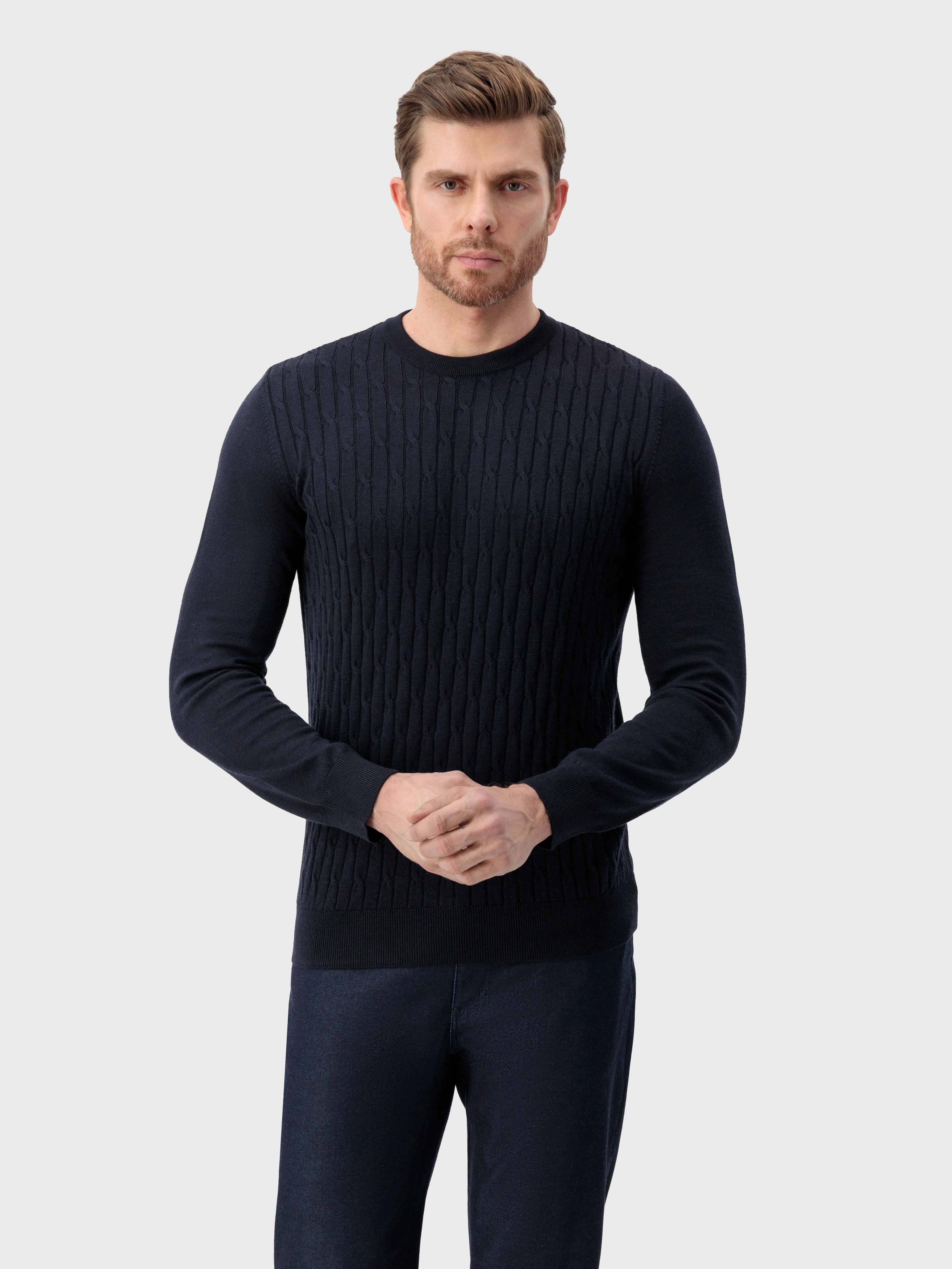 Pullover with Cable Knit Pattern Dark Navy