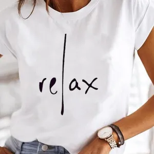 Relax Print Crew Neck T-Shirt for Women, Casual Short Sleeve Top