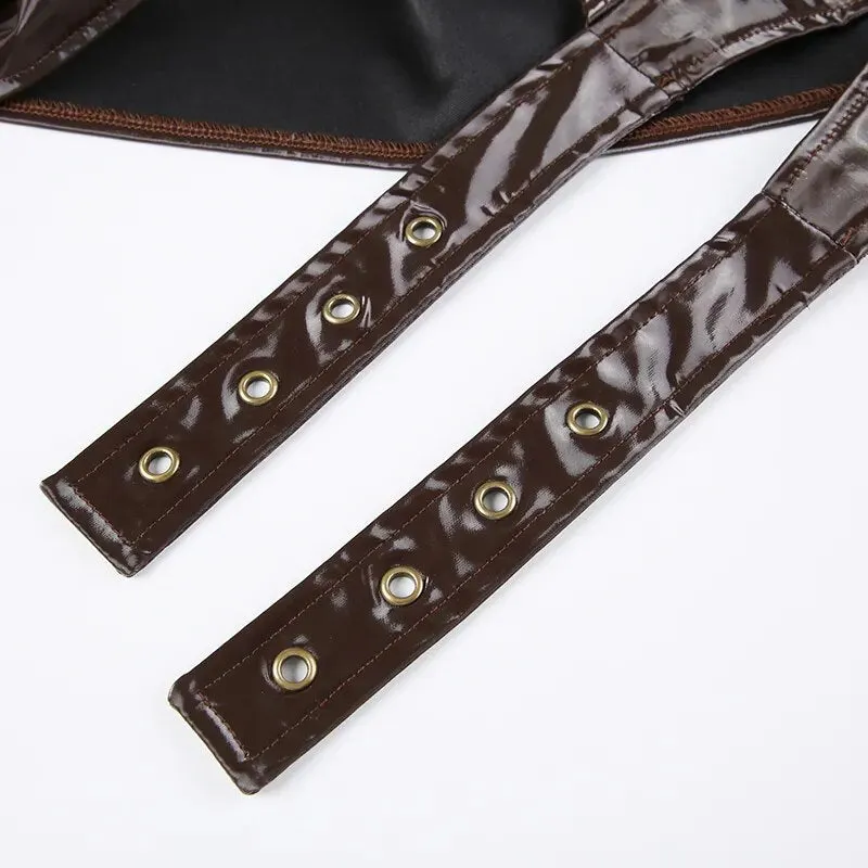 Retro Brown Buckle Metal PU Leather Jacket
