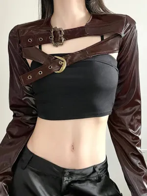 Retro Brown Buckle Metal PU Leather Jacket