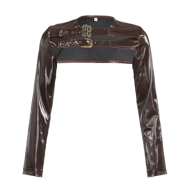Retro Brown Buckle Metal PU Leather Jacket