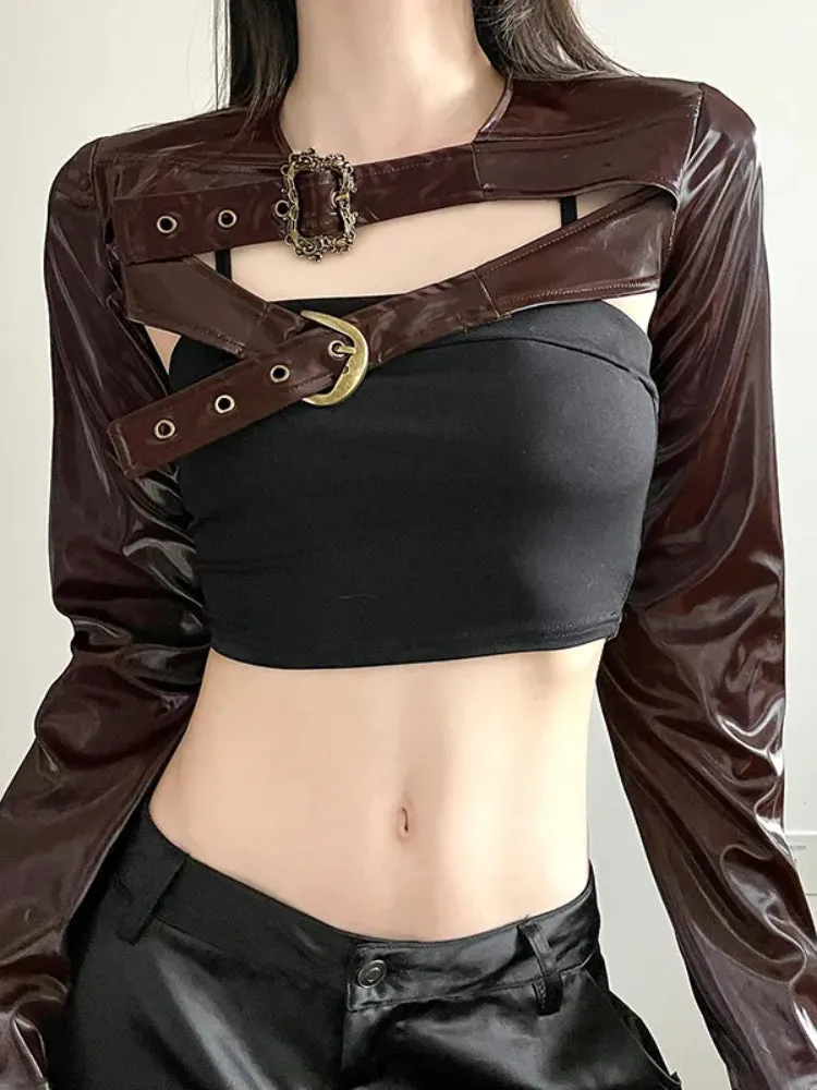 Retro Brown Buckle Metal PU Leather Jacket