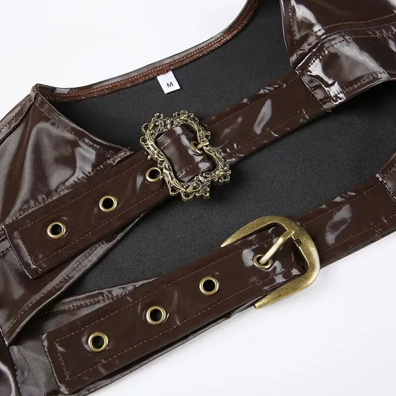 Retro Brown Buckle Metal PU Leather Jacket