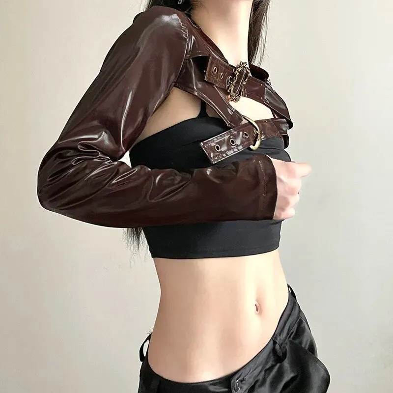 Retro Brown Buckle Metal PU Leather Jacket