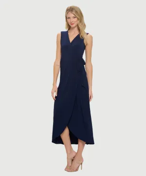 Sleeveless Midi A-Line Surplice Dress W/ Tulip Hem & Tie Waist