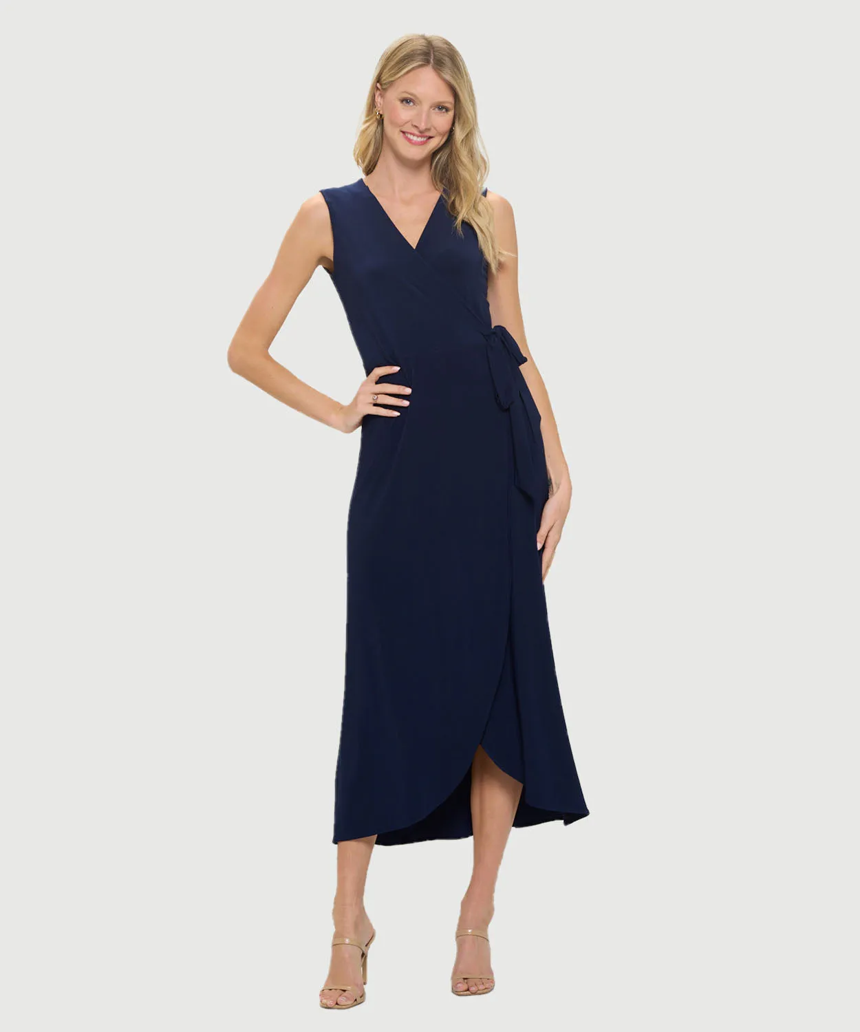Sleeveless Midi A-Line Surplice Dress W/ Tulip Hem & Tie Waist