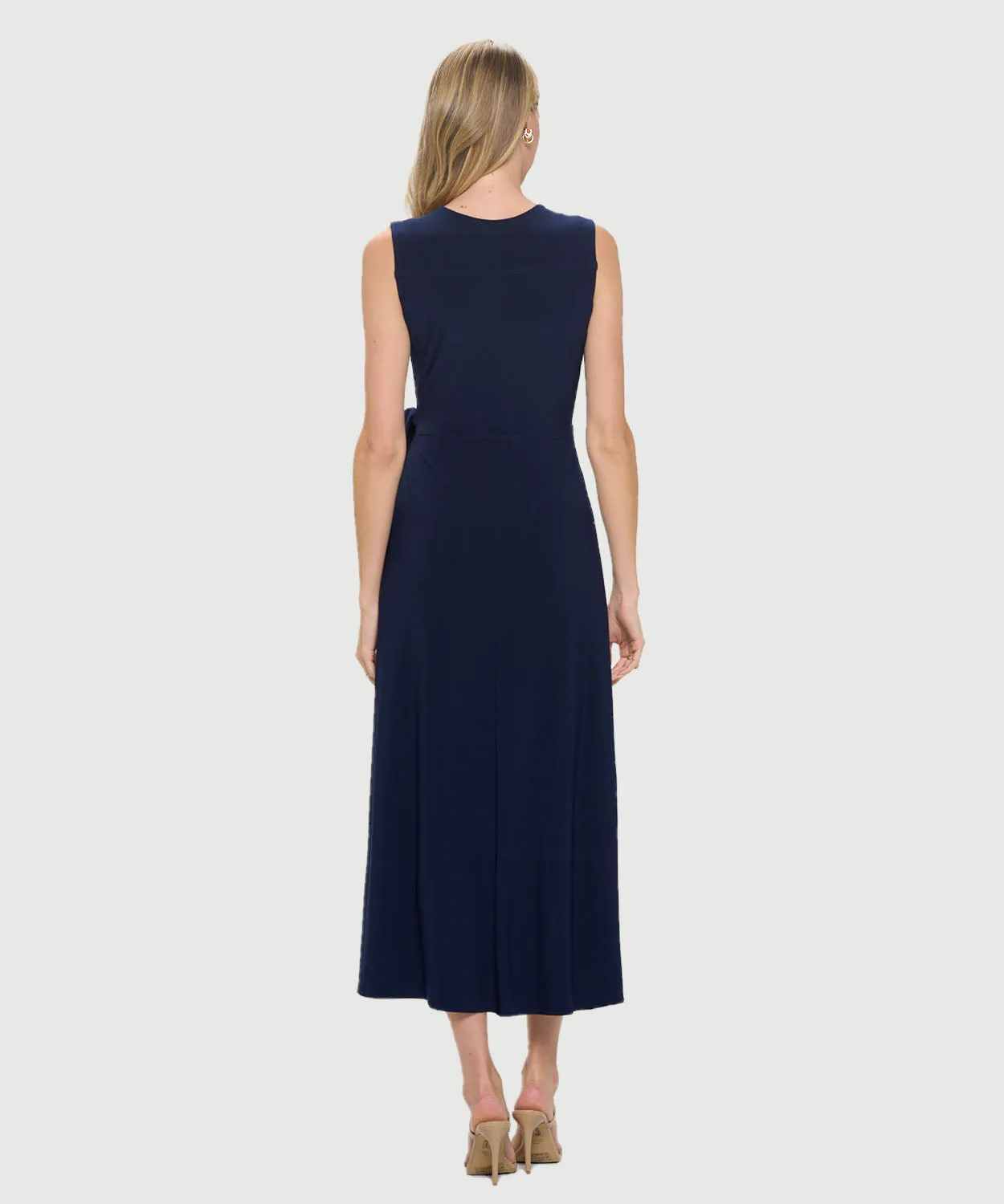 Sleeveless Midi A-Line Surplice Dress W/ Tulip Hem & Tie Waist