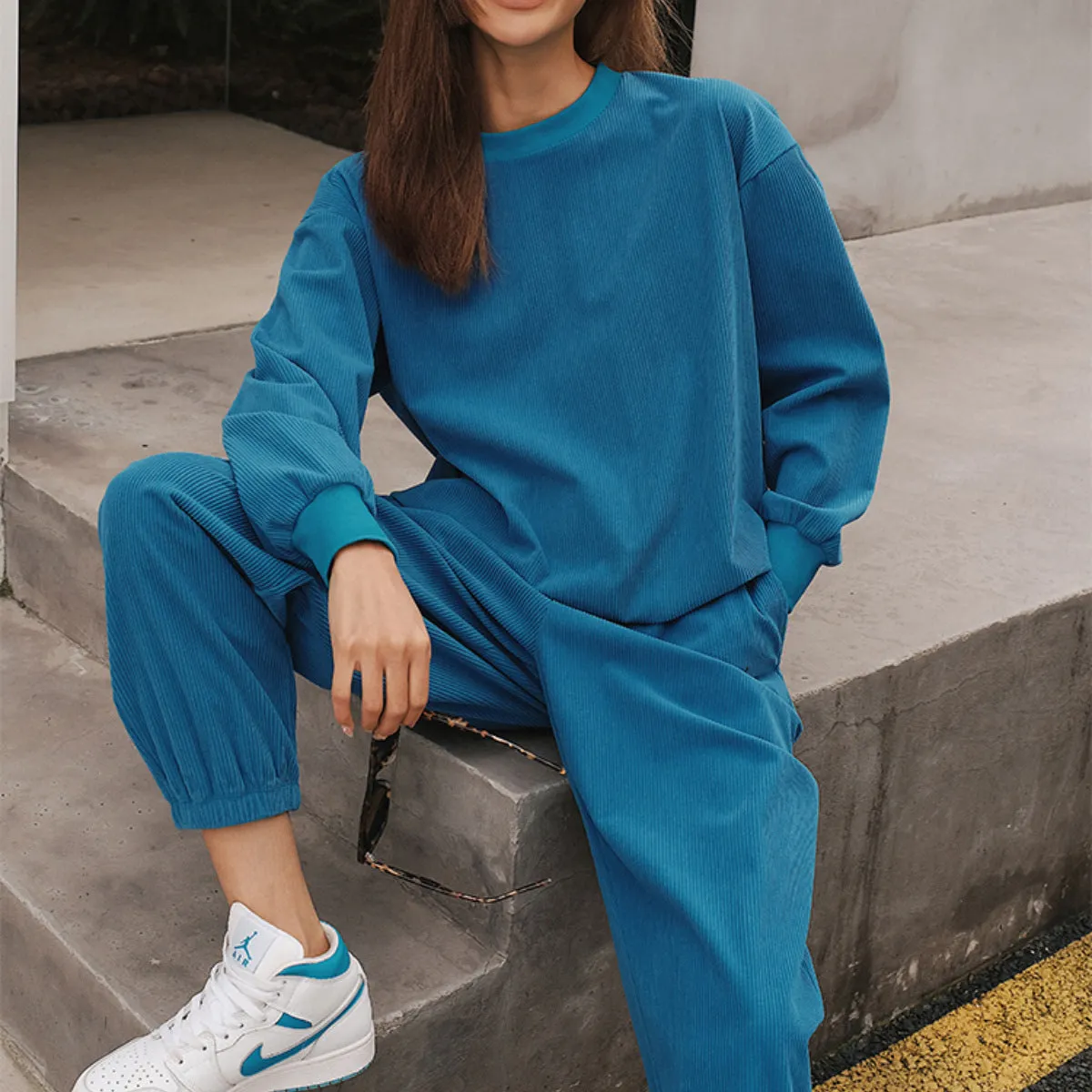 Solid Color Sweatshirt&Trousers Sportswear 2Pcs