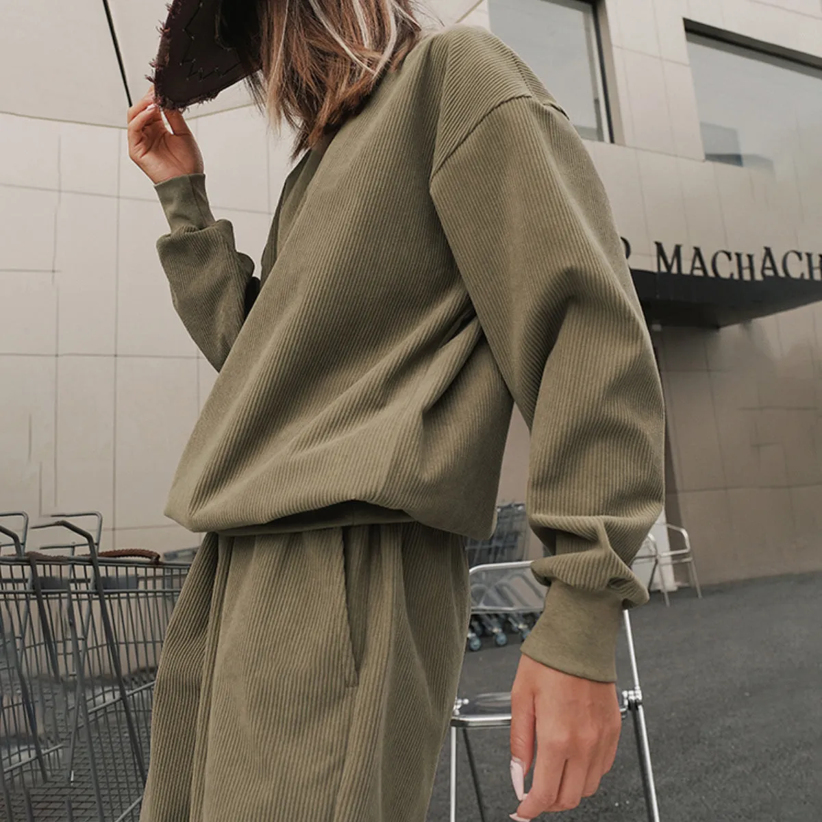 Solid Color Sweatshirt&Trousers Sportswear 2Pcs