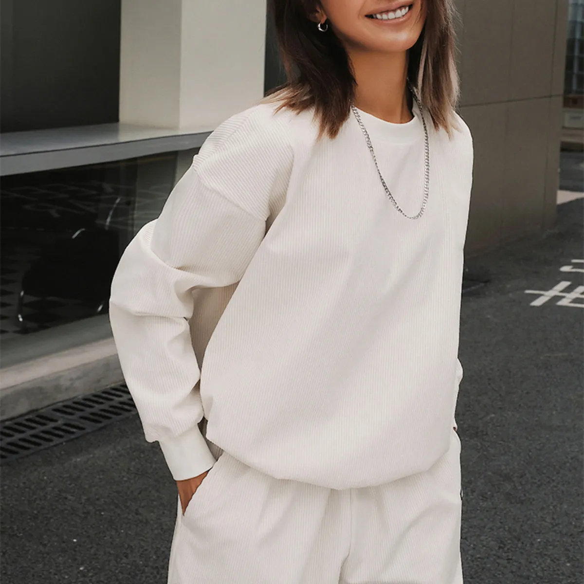 Solid Color Sweatshirt&Trousers Sportswear 2Pcs