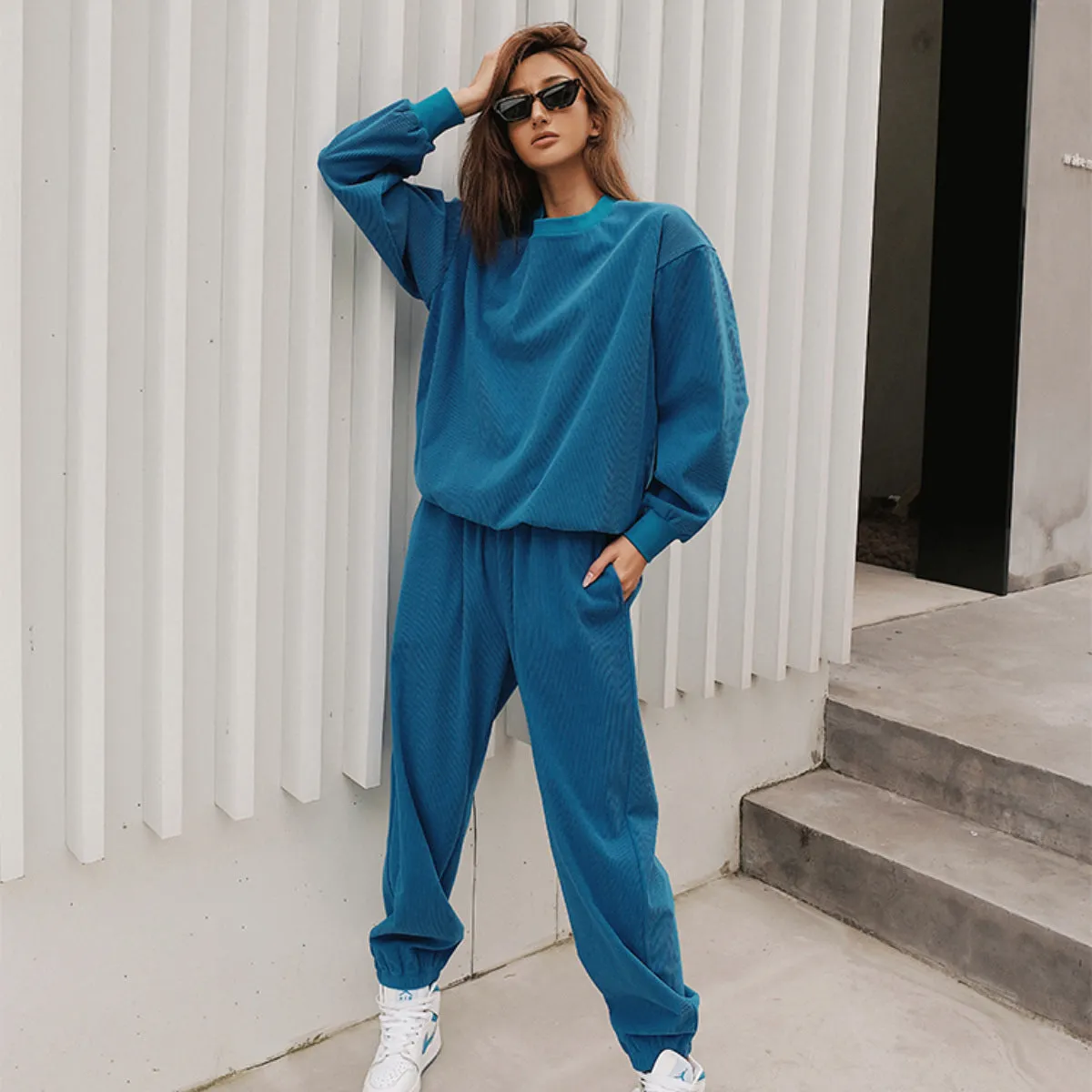 Solid Color Sweatshirt&Trousers Sportswear 2Pcs