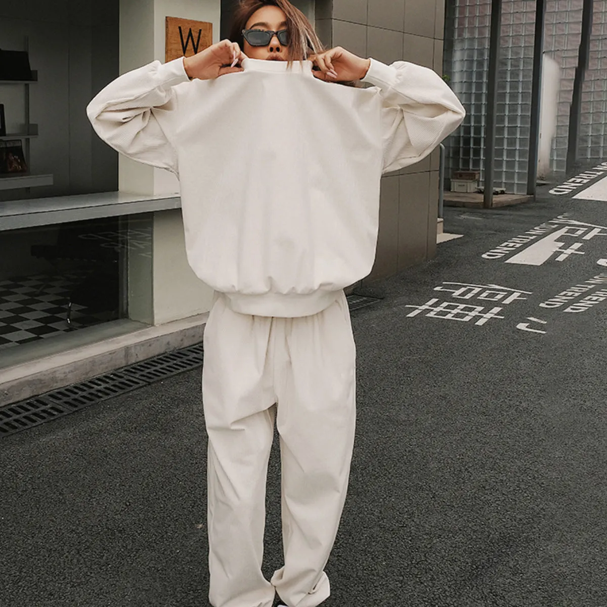 Solid Color Sweatshirt&Trousers Sportswear 2Pcs