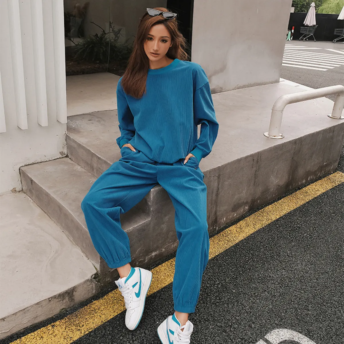 Solid Color Sweatshirt&Trousers Sportswear 2Pcs