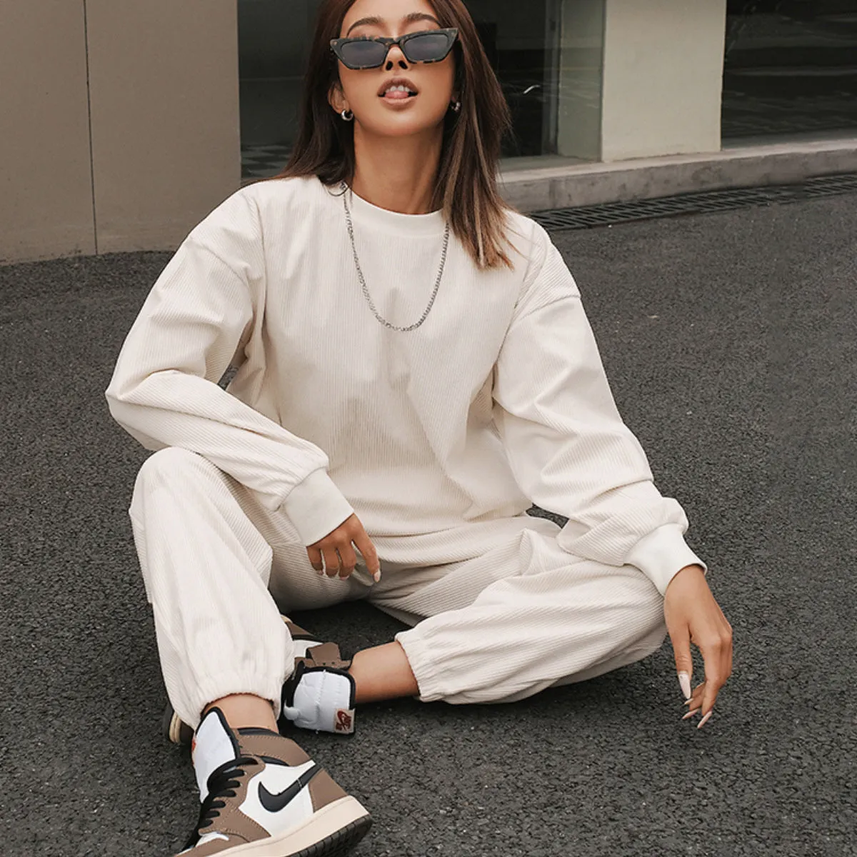 Solid Color Sweatshirt&Trousers Sportswear 2Pcs