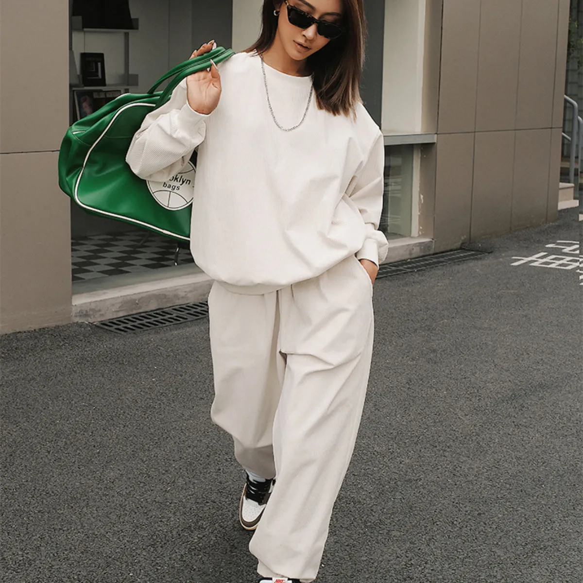 Solid Color Sweatshirt&Trousers Sportswear 2Pcs