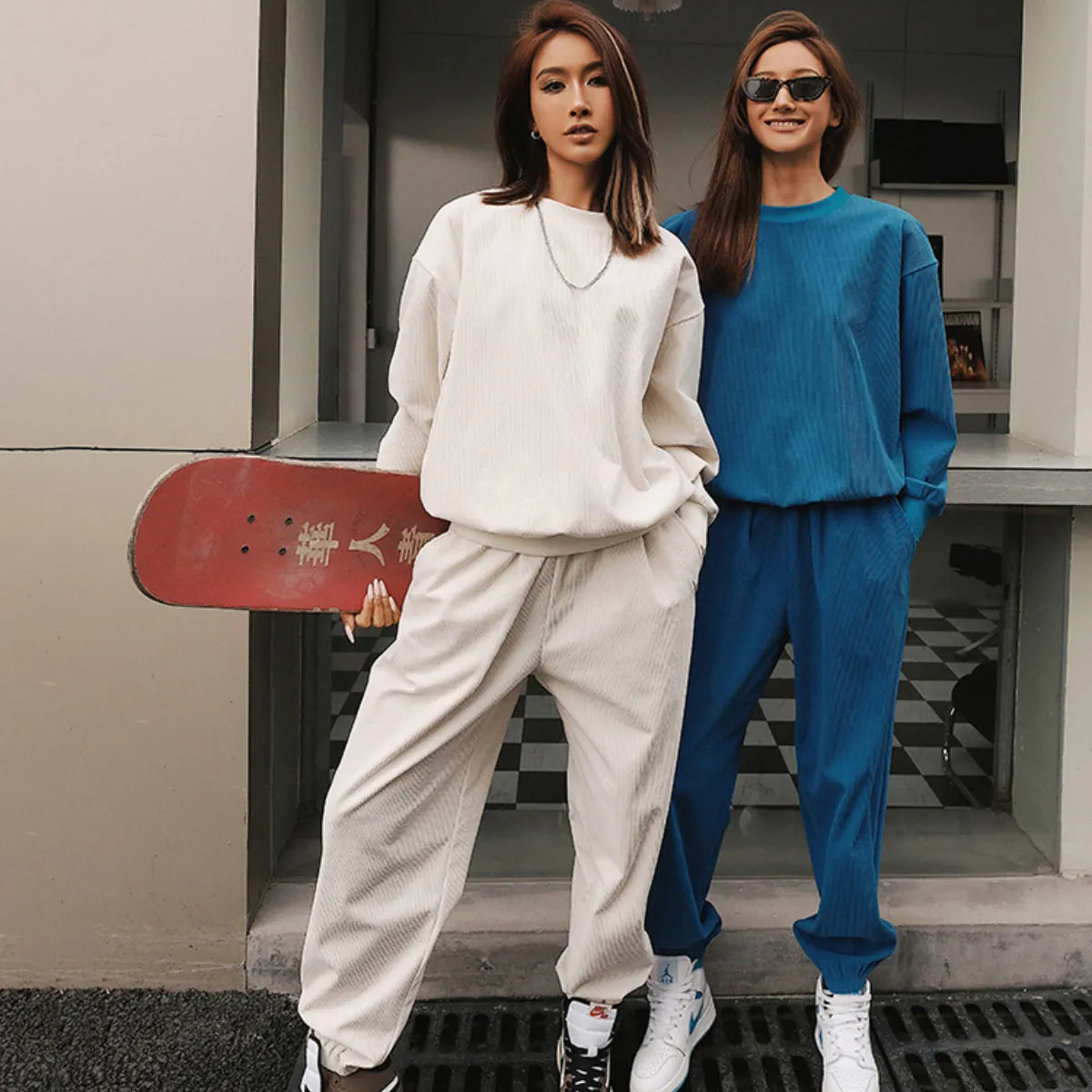 Solid Color Sweatshirt&Trousers Sportswear 2Pcs