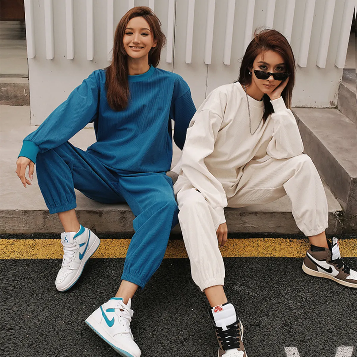 Solid Color Sweatshirt&Trousers Sportswear 2Pcs