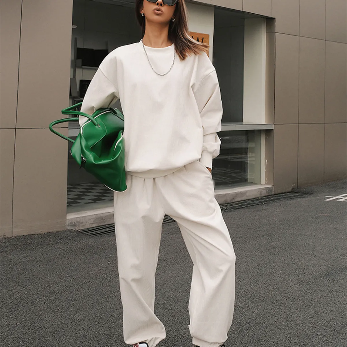 Solid Color Sweatshirt&Trousers Sportswear 2Pcs