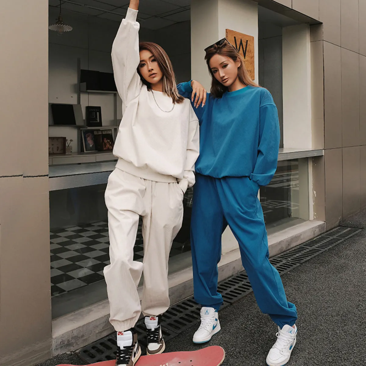Solid Color Sweatshirt&Trousers Sportswear 2Pcs