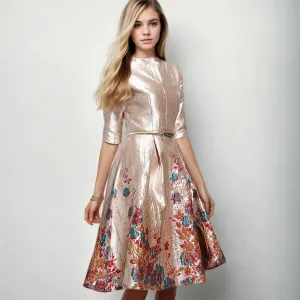 Sophisticated Swirl: Pink Jacquard Medium Length Dress with Large Hem