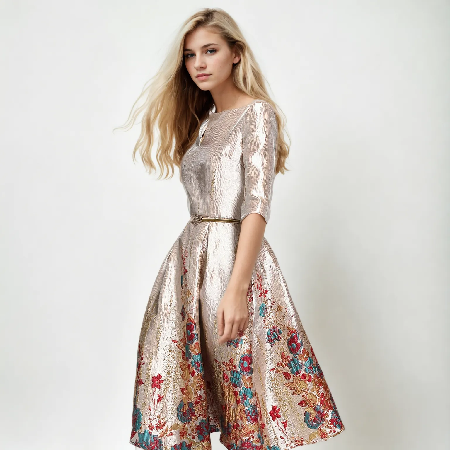 Sophisticated Swirl: Pink Jacquard Medium Length Dress with Large Hem