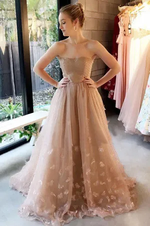 Strapless Light Brown Tulle Appliques Long Elegant Prom Dress PFP1393