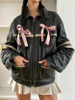 Vintage Loose Stripe Stitched Leather Jacket