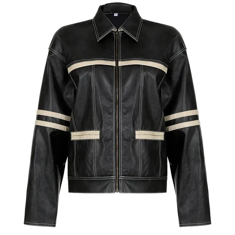 Vintage Loose Stripe Stitched Leather Jacket