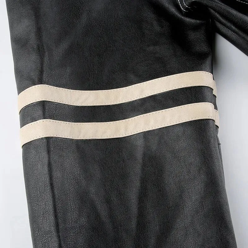 Vintage Loose Stripe Stitched Leather Jacket