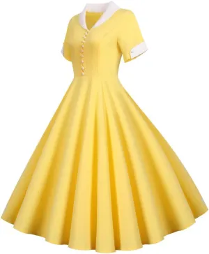 Women's Vintage Short Sleeve Dress Elegant Pearls Button Down Cocktail Dress Color Block V Neck Midi Prom Dresses