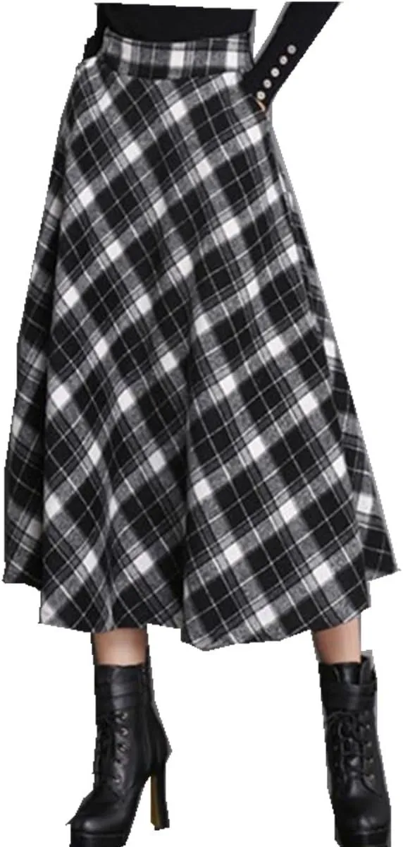 Women's Wool Maxi Skirt A-Line Pleated Vintage Plaid Winter Swing Skirts
