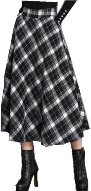 Women's Wool Maxi Skirt A-Line Pleated Vintage Plaid Winter Swing Skirts